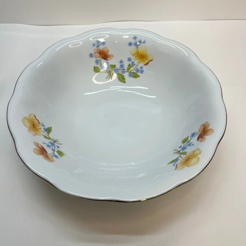 Iris‎ Cluj Romania Porcelain Floral Scalloped Serving Bowl Gold Trim 9 Inch
